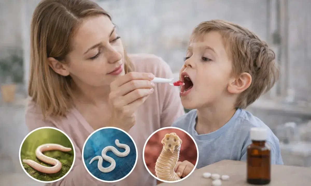 Mama podaje dziecku lek. W kółkach widać robaki, symbolizujące pasożyty. To ważny temat: chrom dla dzieci.