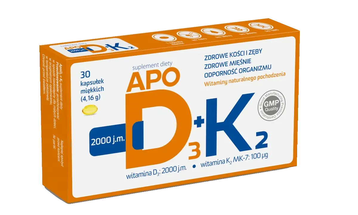 Opakowanie suplementu diety Apo D+K₂ z 2000 j.m. witaminy D3. Odpowiedź na pytanie: ile witaminy d3 dziennie dla dorosłego?