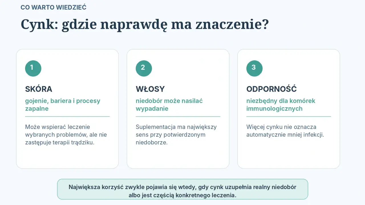 Cynk na odporność: niezbędny dla komórek immunologicznych. Obraz przedstawia trzy obszary, gdzie cynk ma znaczenie: skóra, włosy i odporność.