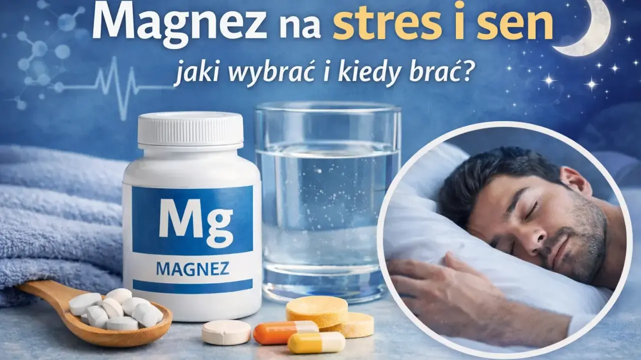Magnez na stres i sen. Butelka magnezu, tabletki, szklanka wody i śpiący mężczyzna. Jak wybrać i kiedy brać?