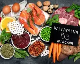 Witania B3, czyli niacyna, pomaga w produkcji energii. Na zdjęciu produkty bogate w tę witaminę: łosoś, mięso, wątróbka, orzechy, fasola.