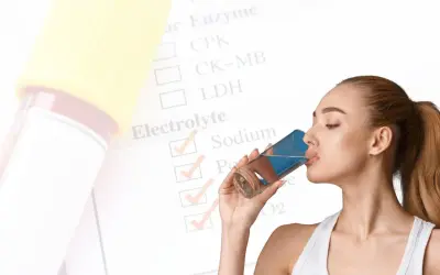 Kobieta pije wodę, na tle lista badań z zaznaczonymi elektrolitami. Objawy braku elektrolitów mogą być różne.