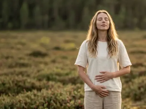 Kobieta z zamkniętymi oczami, ręce na brzuchu, w naturze. Czy to d mannoza co to jest?