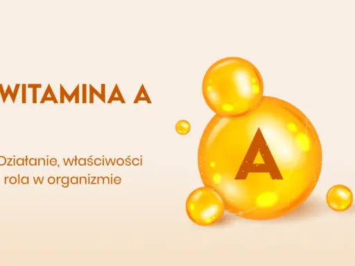Wielka kropla z literą "A" symbolizuje witaminę A, której działanie doustne jest kluczowe dla zdrowia.