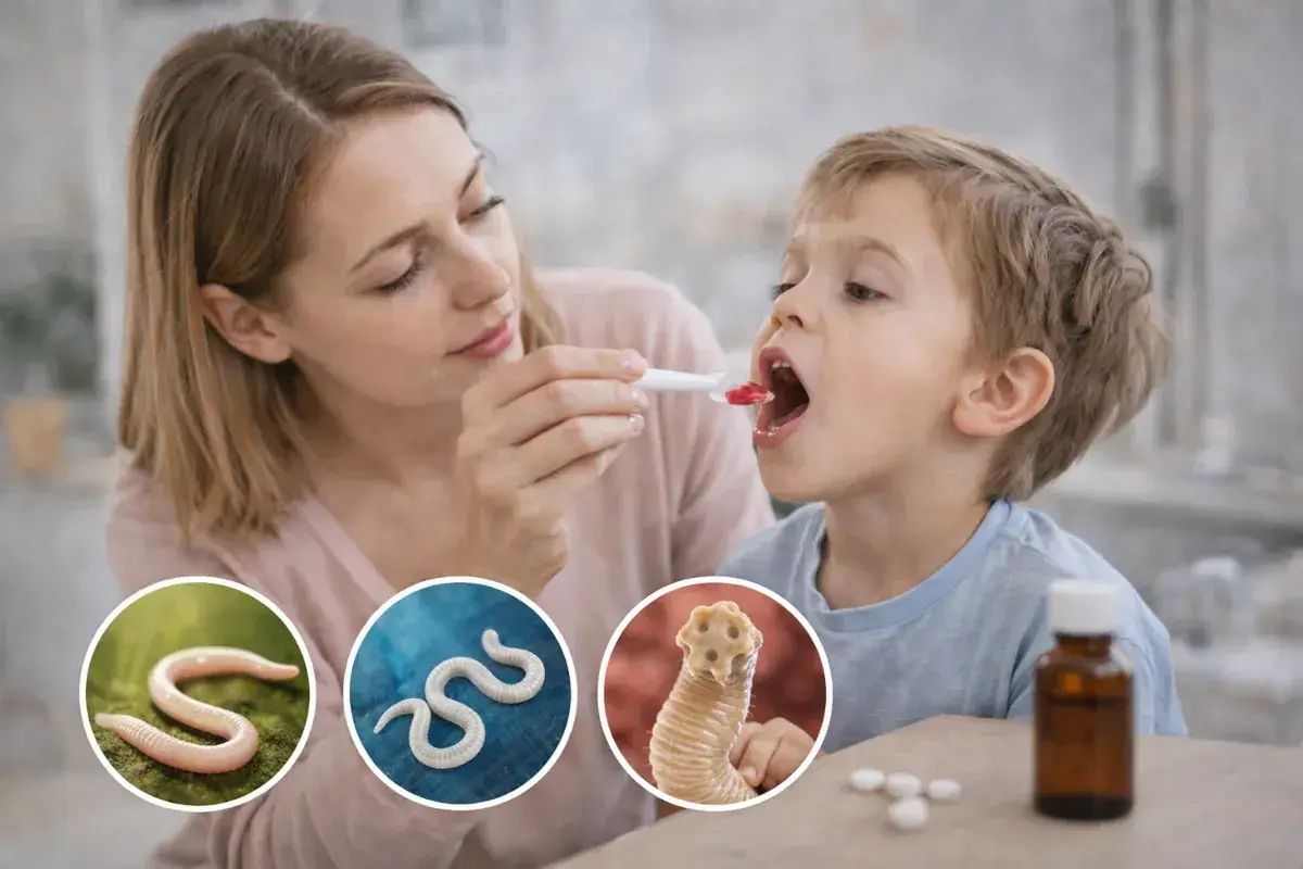 Mama podaje dziecku lek. W kółkach widać robaki, symbolizujące pasożyty. To ważny temat: chrom dla dzieci.