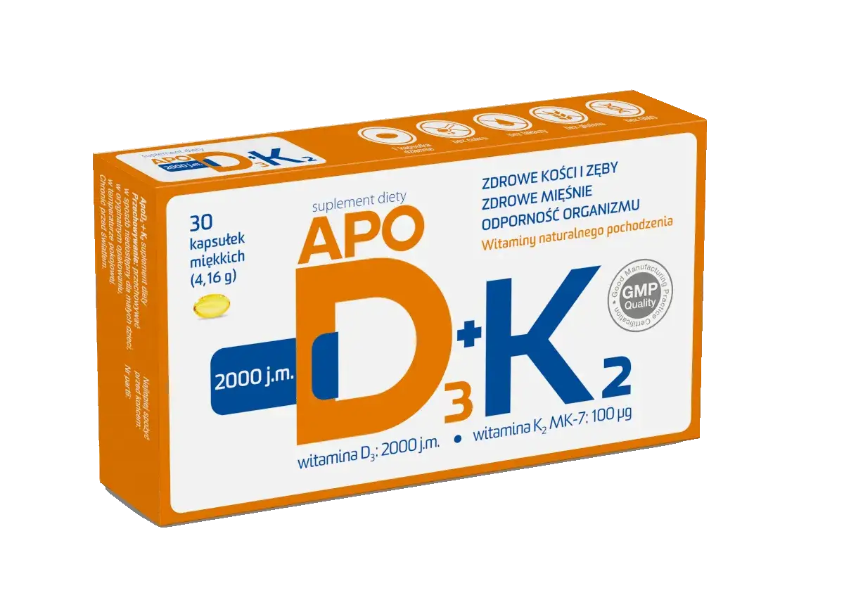 Opakowanie suplementu diety Apo D+K₂ z 2000 j.m. witaminy D3. Odpowiedź na pytanie: ile witaminy d3 dziennie dla dorosłego?