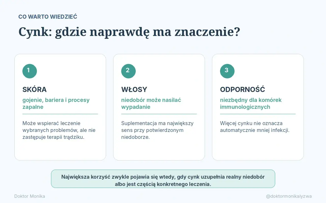 Cynk na odporność: niezbędny dla komórek immunologicznych. Obraz przedstawia trzy obszary, gdzie cynk ma znaczenie: skóra, włosy i odporność.