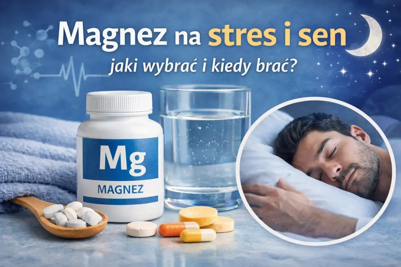 Magnez na stres i sen. Butelka magnezu, tabletki, szklanka wody i śpiący mężczyzna. Jak wybrać i kiedy brać?