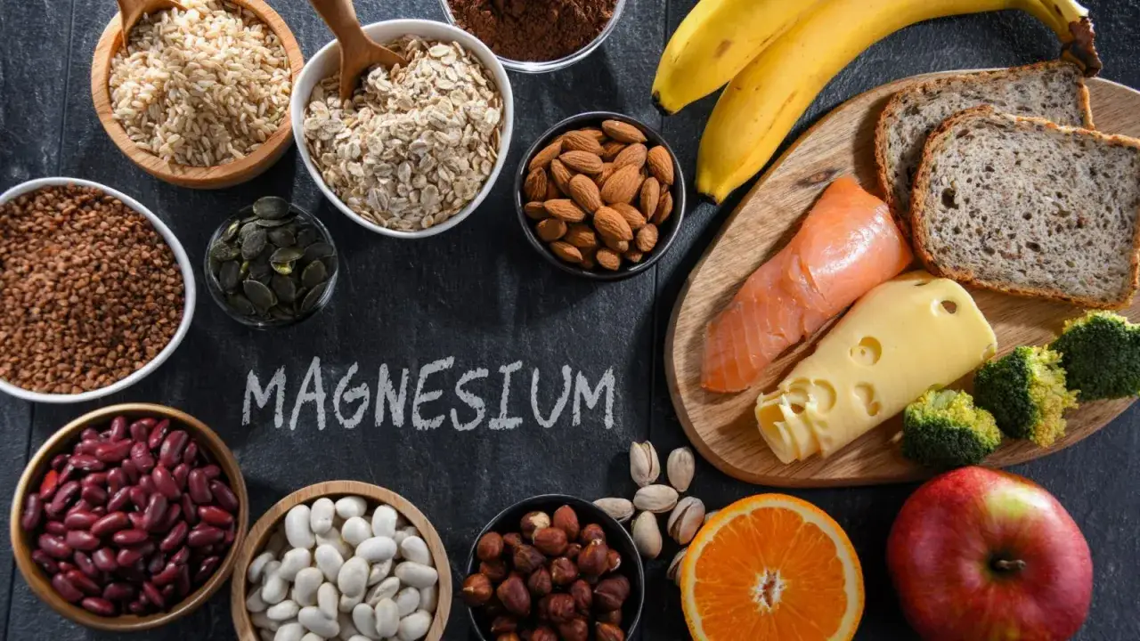 Magnez a stres: zdrowe produkty bogate w magnez, takie jak łosoś, orzechy, nasiona, płatki owsiane, fasola, kakao, owoce i warzywa.
