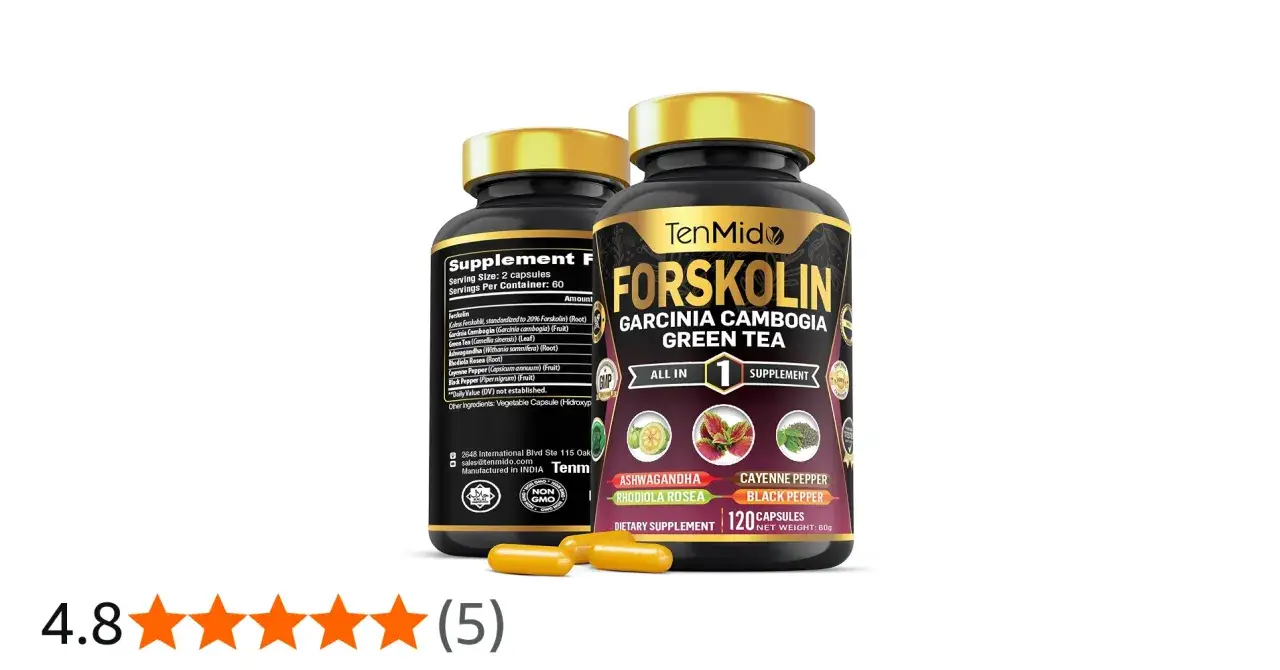 Suplement diety Forskolin Garcinia Cambogia Green Tea. Czy brać forskolinę rano czy wieczorem? Opakowanie zawiera 120 kapsułek.