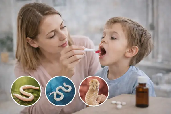 Mama podaje dziecku lek. W kółkach widać robaki, symbolizujące pasożyty. To ważny temat: chrom dla dzieci.