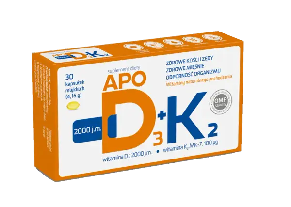 Opakowanie suplementu diety Apo D+K₂ z 2000 j.m. witaminy D3. Odpowiedź na pytanie: ile witaminy d3 dziennie dla dorosłego?