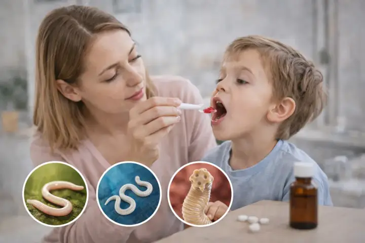 Mama podaje dziecku lek. W kółkach widać robaki, symbolizujące pasożyty. To ważny temat: chrom dla dzieci.