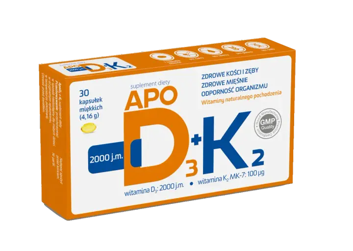Opakowanie suplementu diety Apo D+K₂ z 2000 j.m. witaminy D3. Odpowiedź na pytanie: ile witaminy d3 dziennie dla dorosłego?